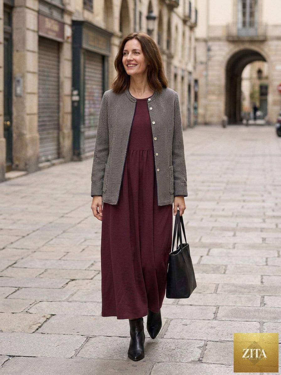 Organic Cotton Patchwork Cuff Crew Neck Casual Midi Dress SCARLETT