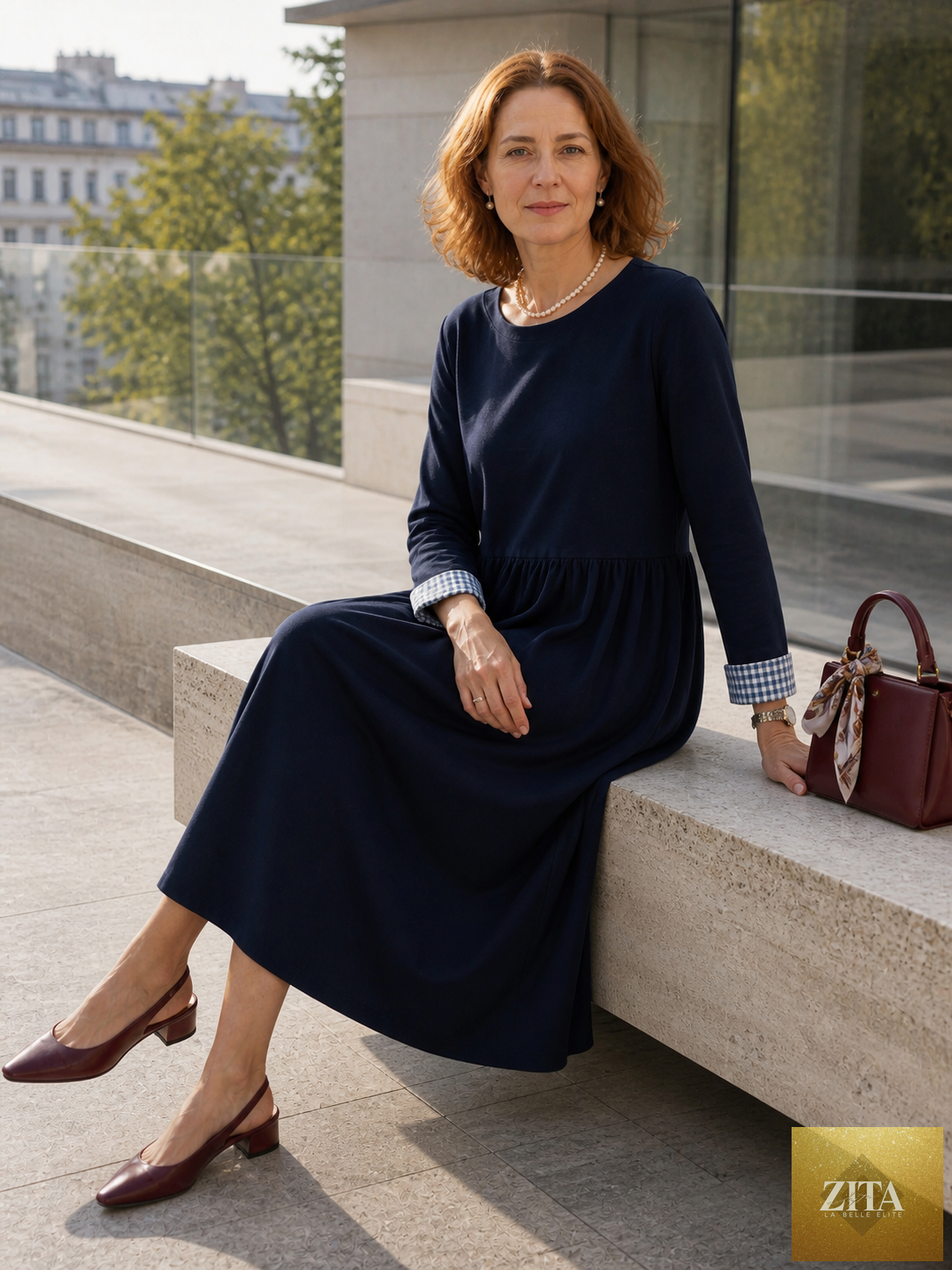 Organic Cotton Patchwork Cuff Crew Neck Casual Midi Dress SCARLETT