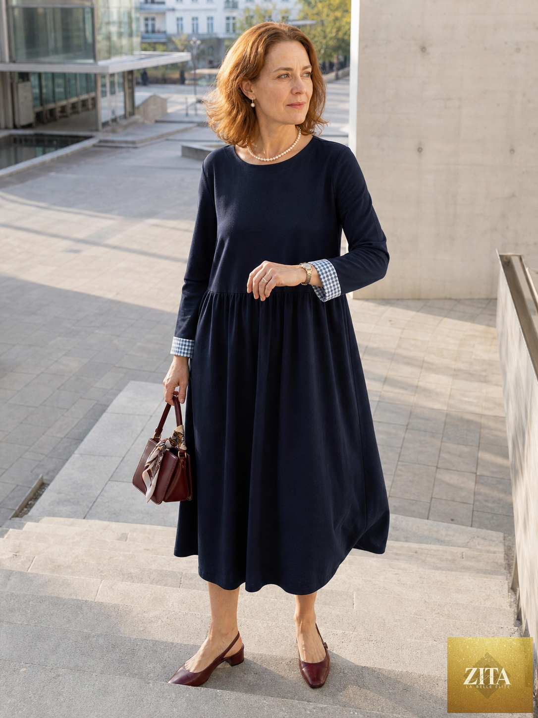 Organic Cotton Patchwork Cuff Crew Neck Casual Midi Dress SCARLETT