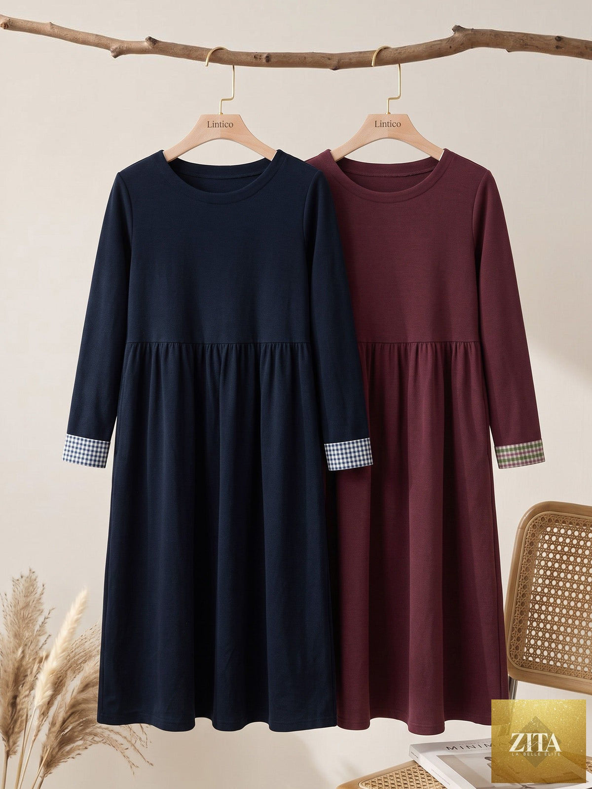 Organic Cotton Patchwork Cuff Crew Neck Casual Midi Dress SCARLETT