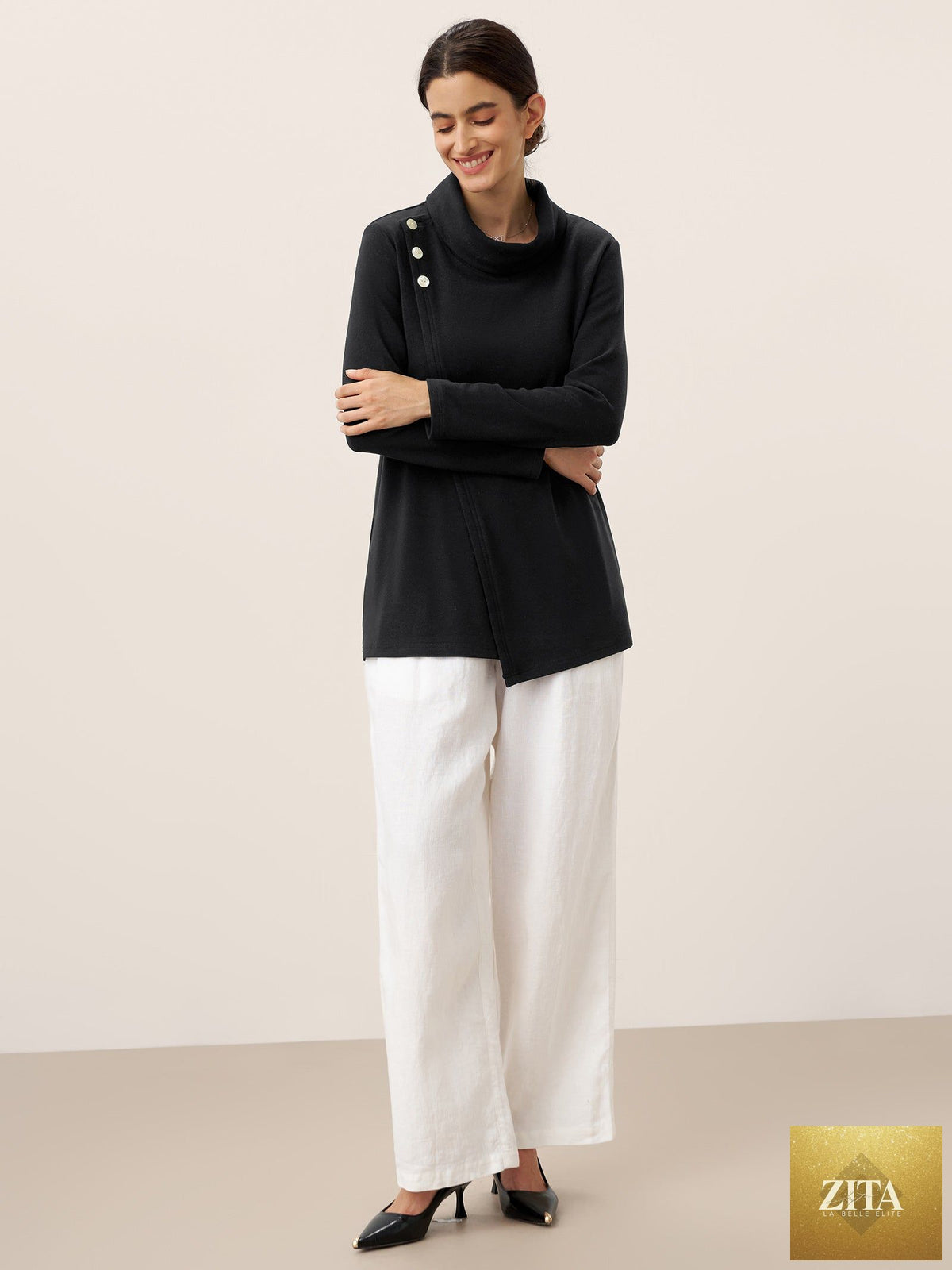 Mock Neck Buttoned Stretch Top ZARIA