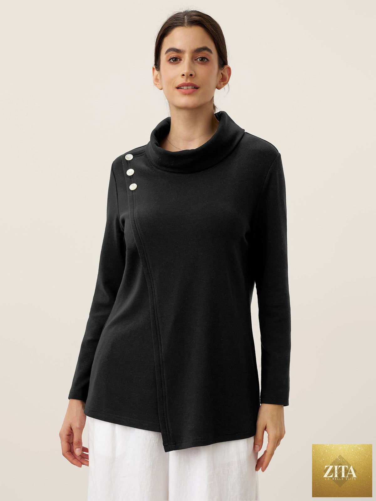 Mock Neck Buttoned Stretch Top ZARIA
