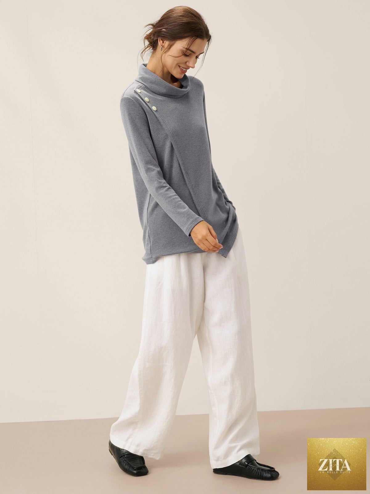 Mock Neck Buttoned Stretch Top ZARIA