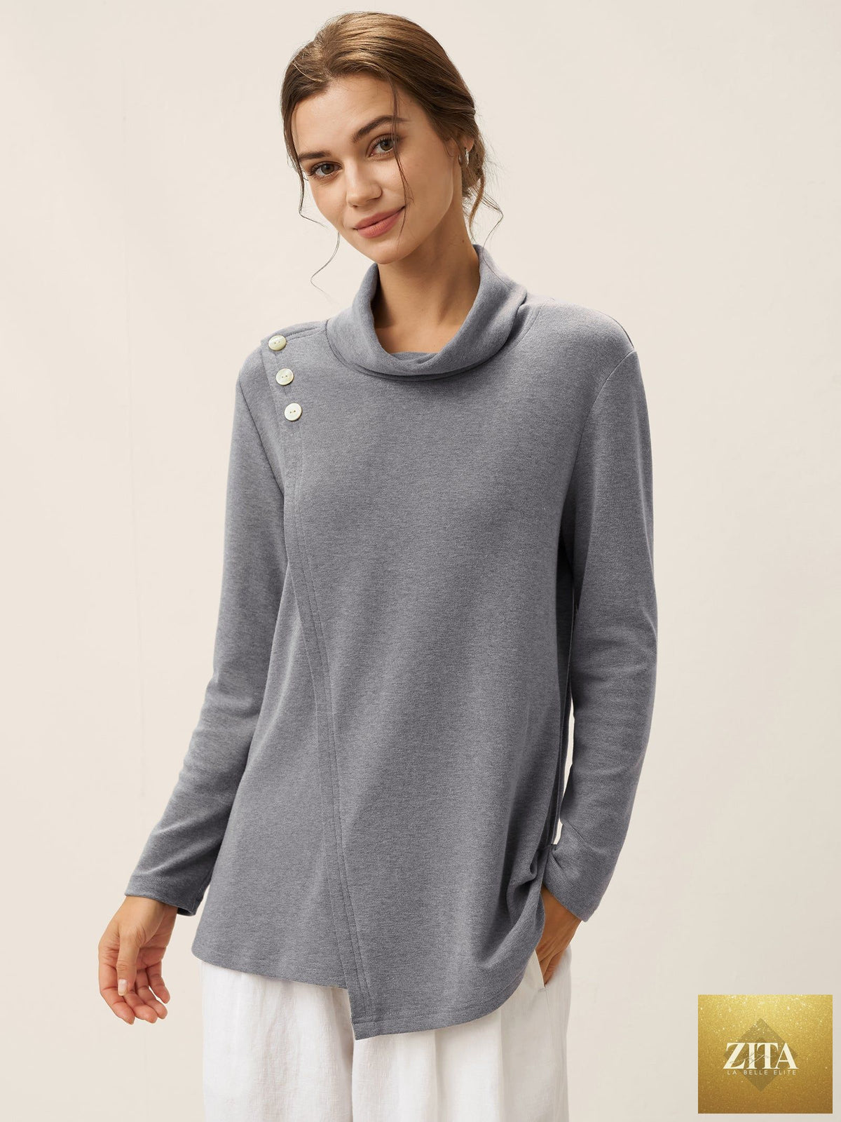 Mock Neck Buttoned Stretch Top ZARIA