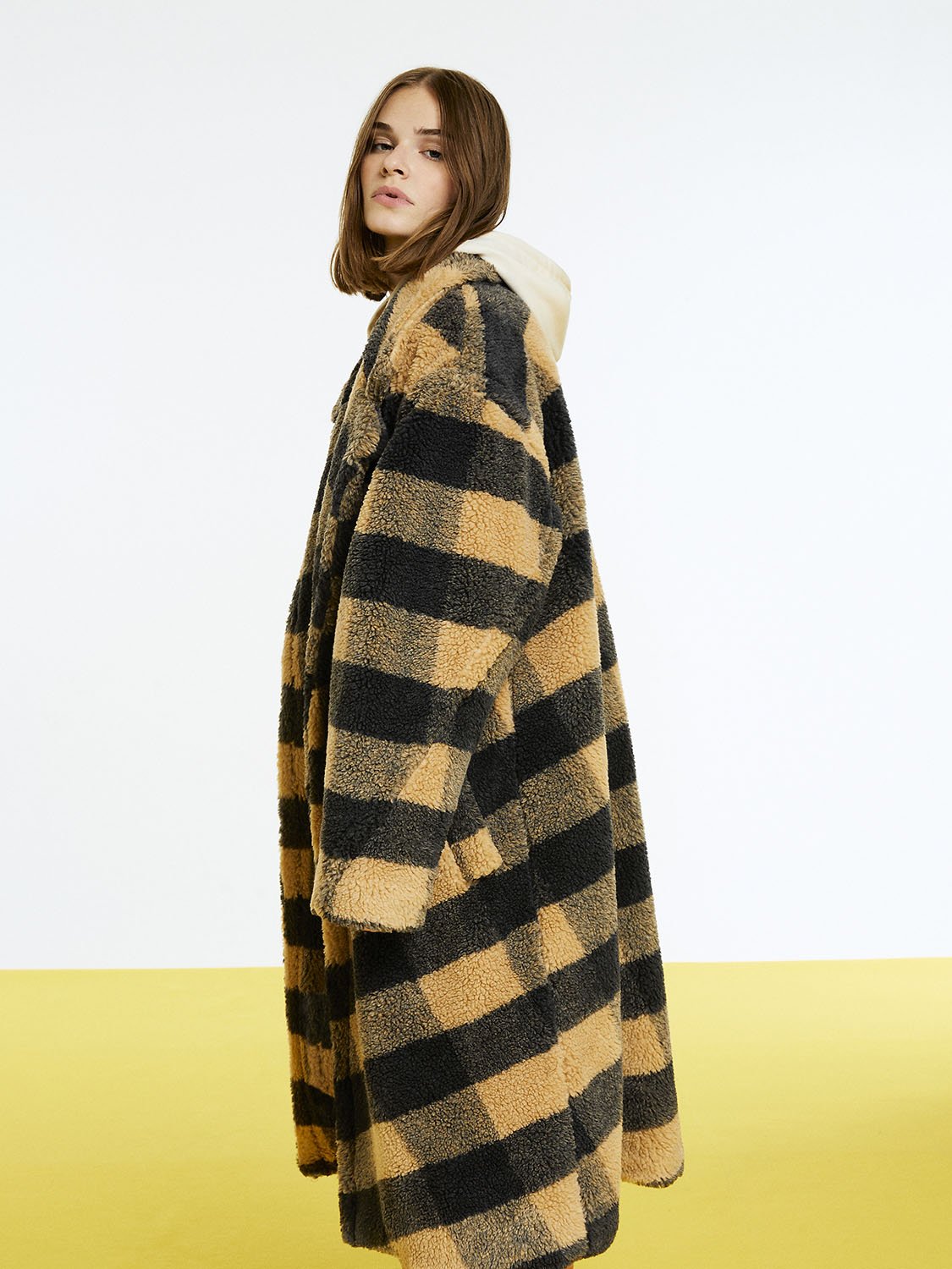 Double Breasted Plaid Faux Fur Coat Bronze Aphrodite
