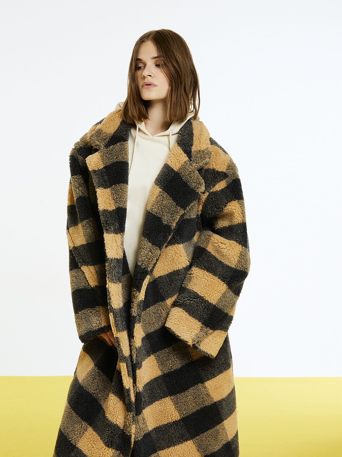 Double Breasted Plaid Faux Fur Coat Bronze Aphrodite