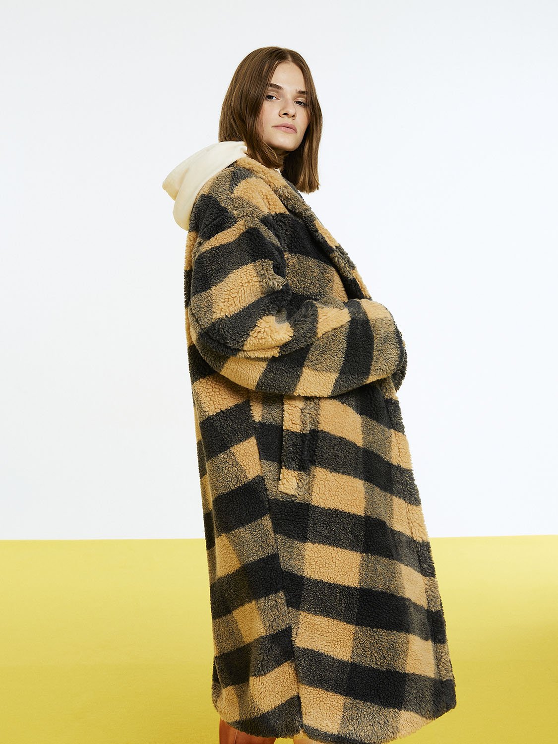 Double Breasted Plaid Faux Fur Coat Bronze Aphrodite