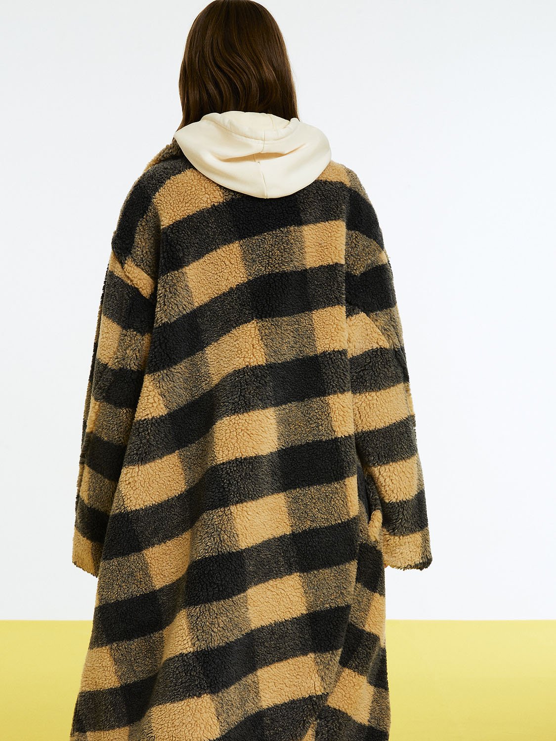 Double Breasted Plaid Faux Fur Coat Bronze Aphrodite