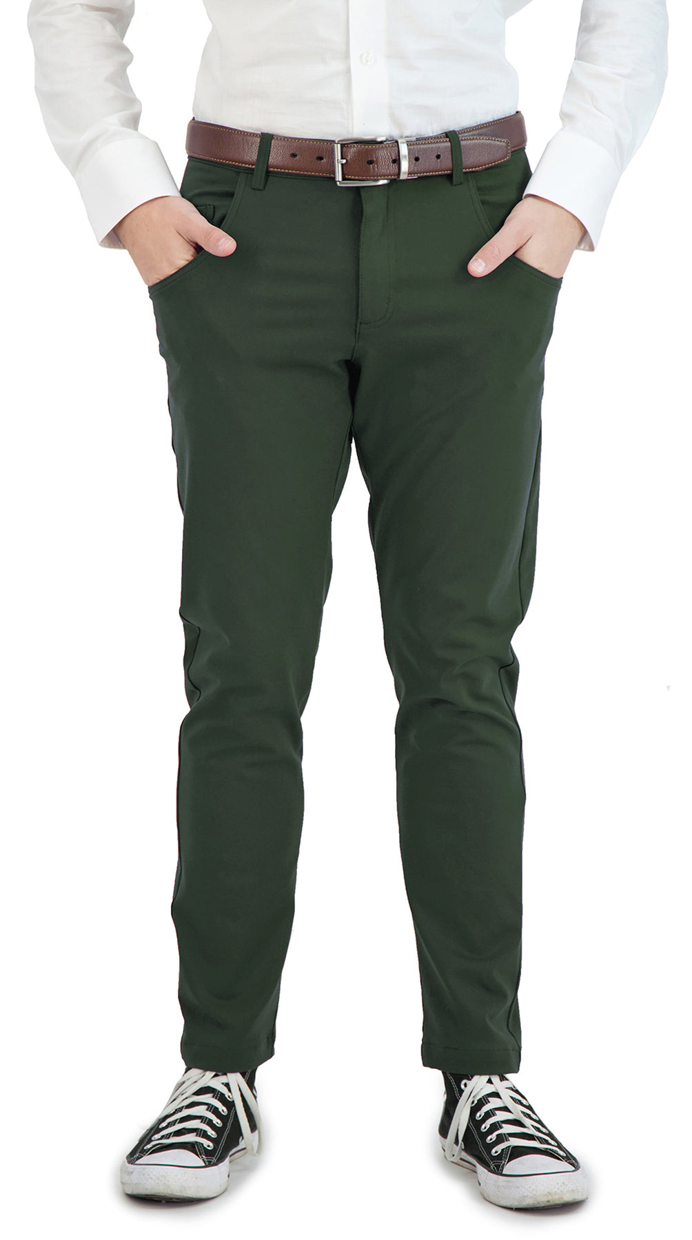 Olive men's casual stretch chinos from LEVINAS® Performance Collection, showing the comfortable fit and sleek design.