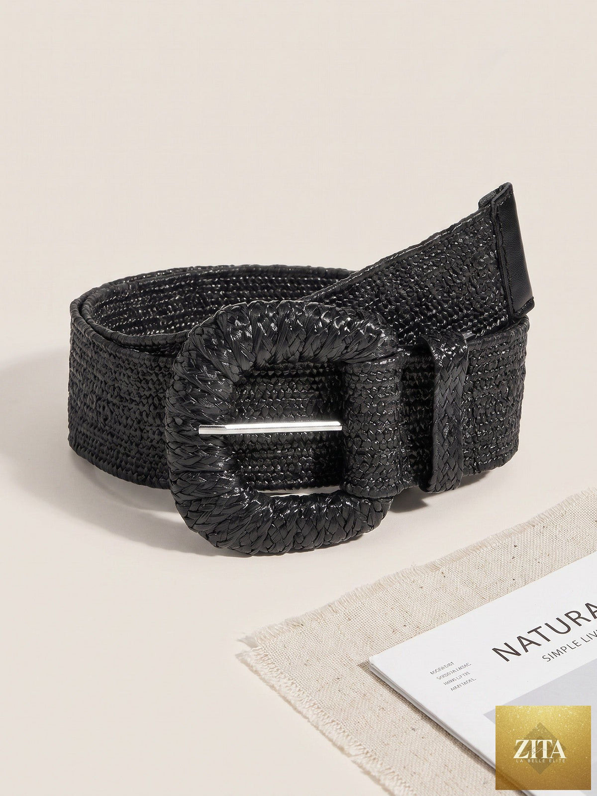 Natural Woven Straw Belt With Square Buckle
