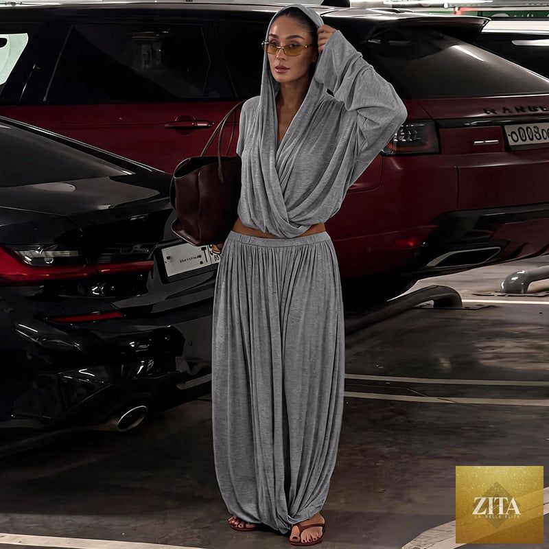 Bella Mia women's summer clothing set with a solid hooded long sleeve top and pleated loose maxi skirt, perfect for casual wear.