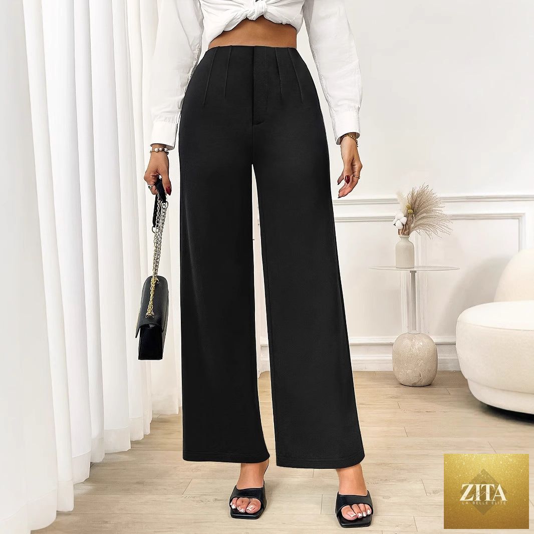 Bella Mia women's high waist wide leg stretch trousers featuring a straight-leg office work pant design.