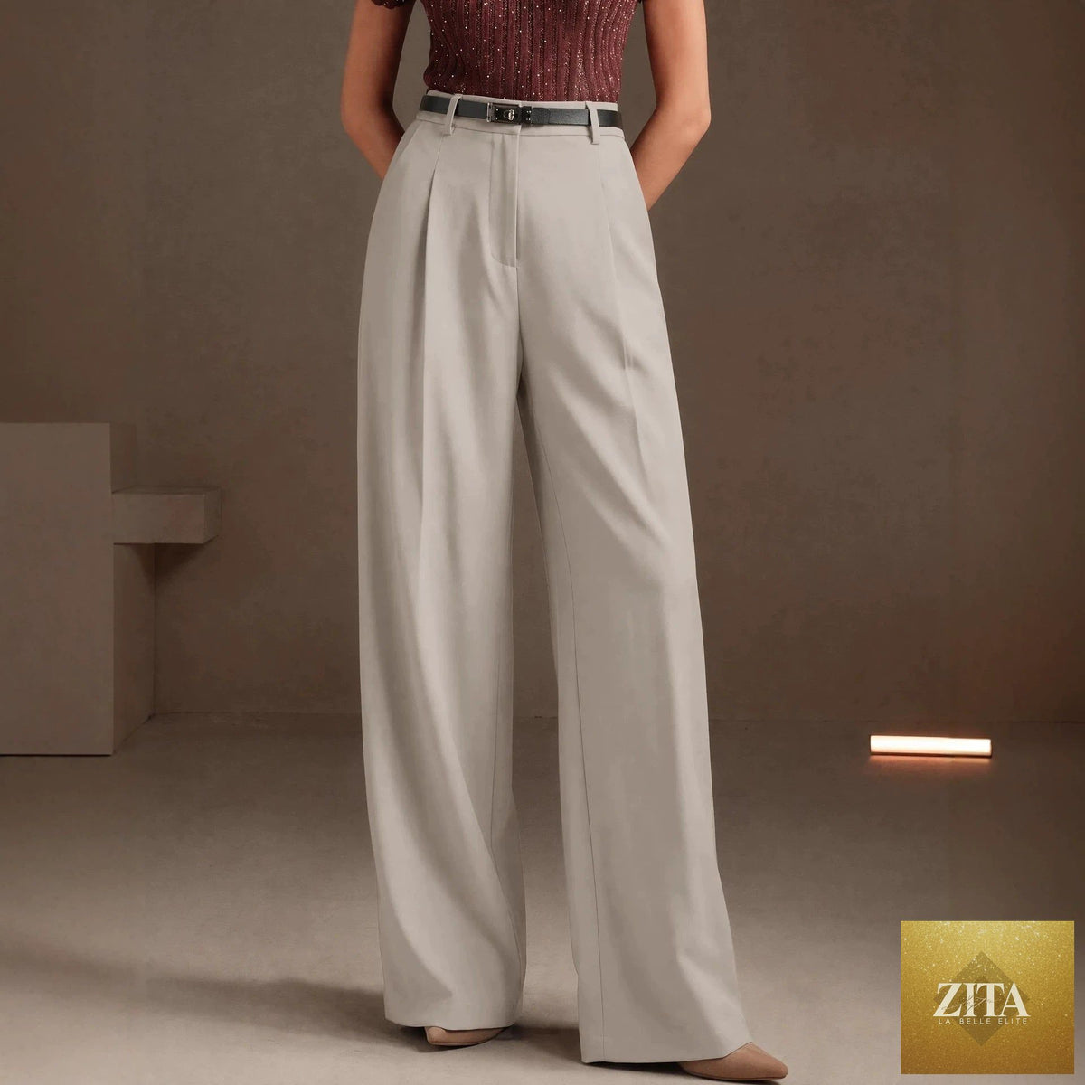 Bella Mia women's high waist wide-leg casual work pants with a straight, slimming fit and drooping style, no belt included.
