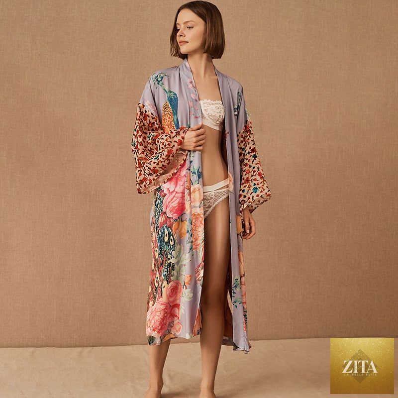 Bella Mia peacock print sunscreen cardigan, lightweight beach cover-up with a loose fit, perfect for seaside vacation swimwear.