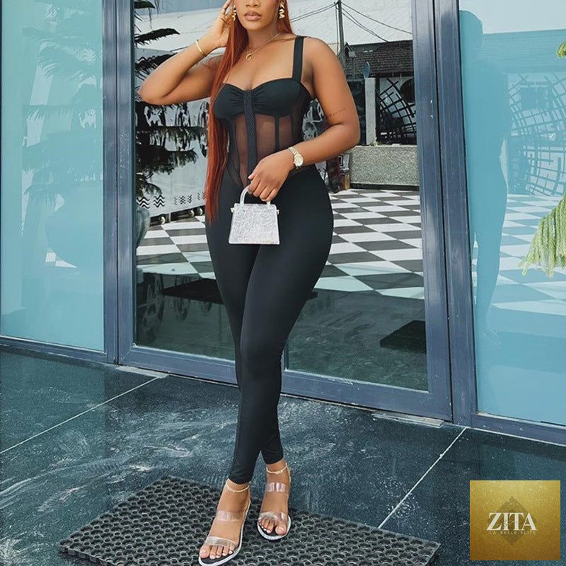 Solid color women’s sports high waist jumpsuit by Bella Mia featuring tight fit, elastic sling, and semi-transparent design.