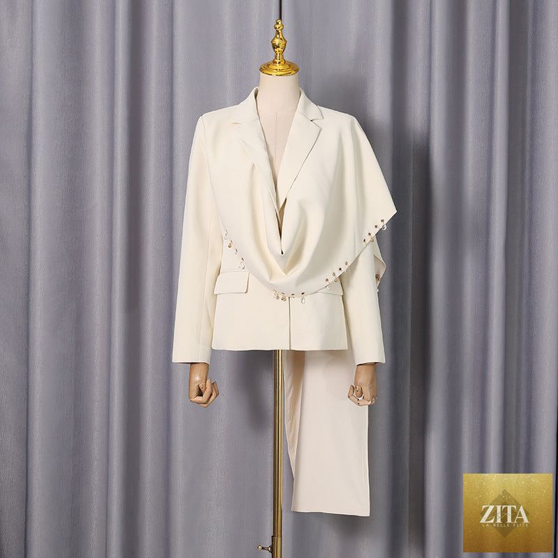 Elegant long sleeve shawl blazer dress with metal ring stitching design for women, featuring a sophisticated spring style by Ragazza.