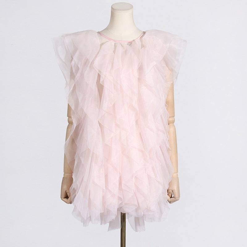 See-through organza sleeveless sexy dress with irregular asymmetric ruffled stitching, designed for women by Ragazza.