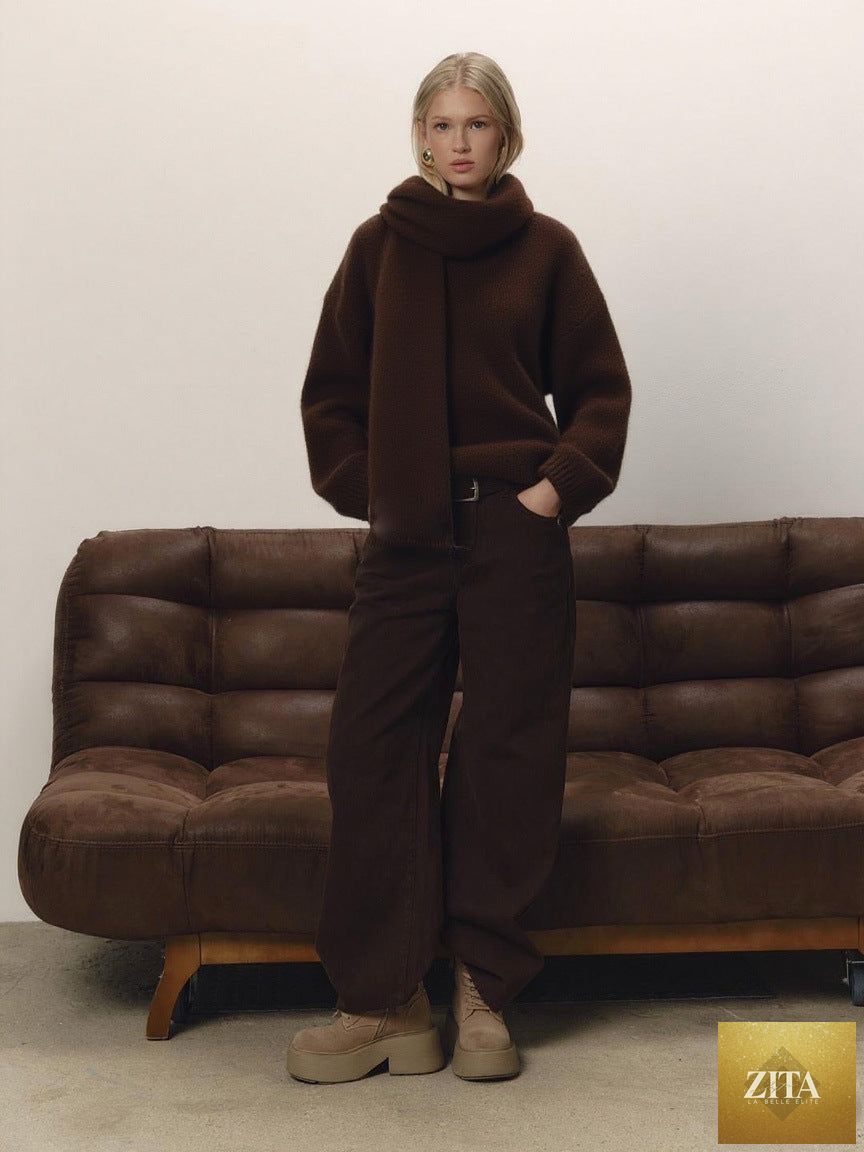 Loose Lazy Soft Wool Sweater Women Autumn Winter Pullover Loose Sweater Scarf Set