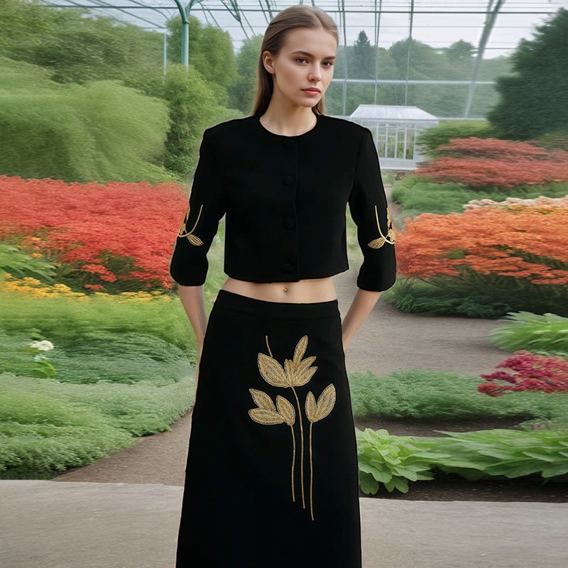 Spring Dignified Floral Machine Embroidery Top High Waist Floral Skirt Two Piece Sets Women