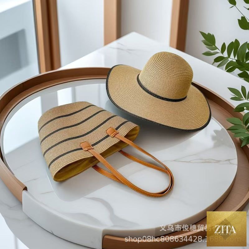 Straw Hat & Tote Set – Beach Vacation Sun Protection Duo, Large Capacity Travel Tote