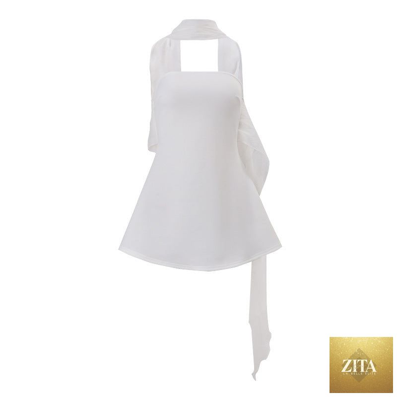 Women Clothing Autumn French Sexy Wind Ribbon Tube Top Solid Color Dress for Women