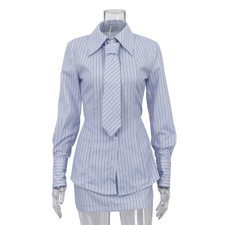 Printed striped tie shirt and skirt set for women, collared long-sleeve blouse with matching skirt, Bella Mia office two-piece outfit