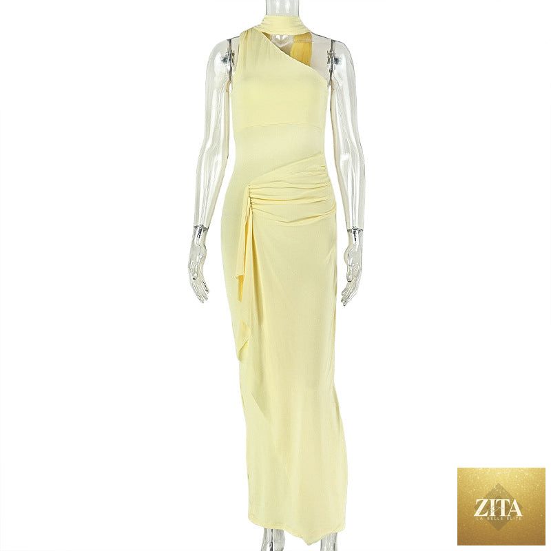 All Matching Graceful Women Pleated Slim Fit Sheath Dress Diagonal Collar Sleeveless Solid Color Dress