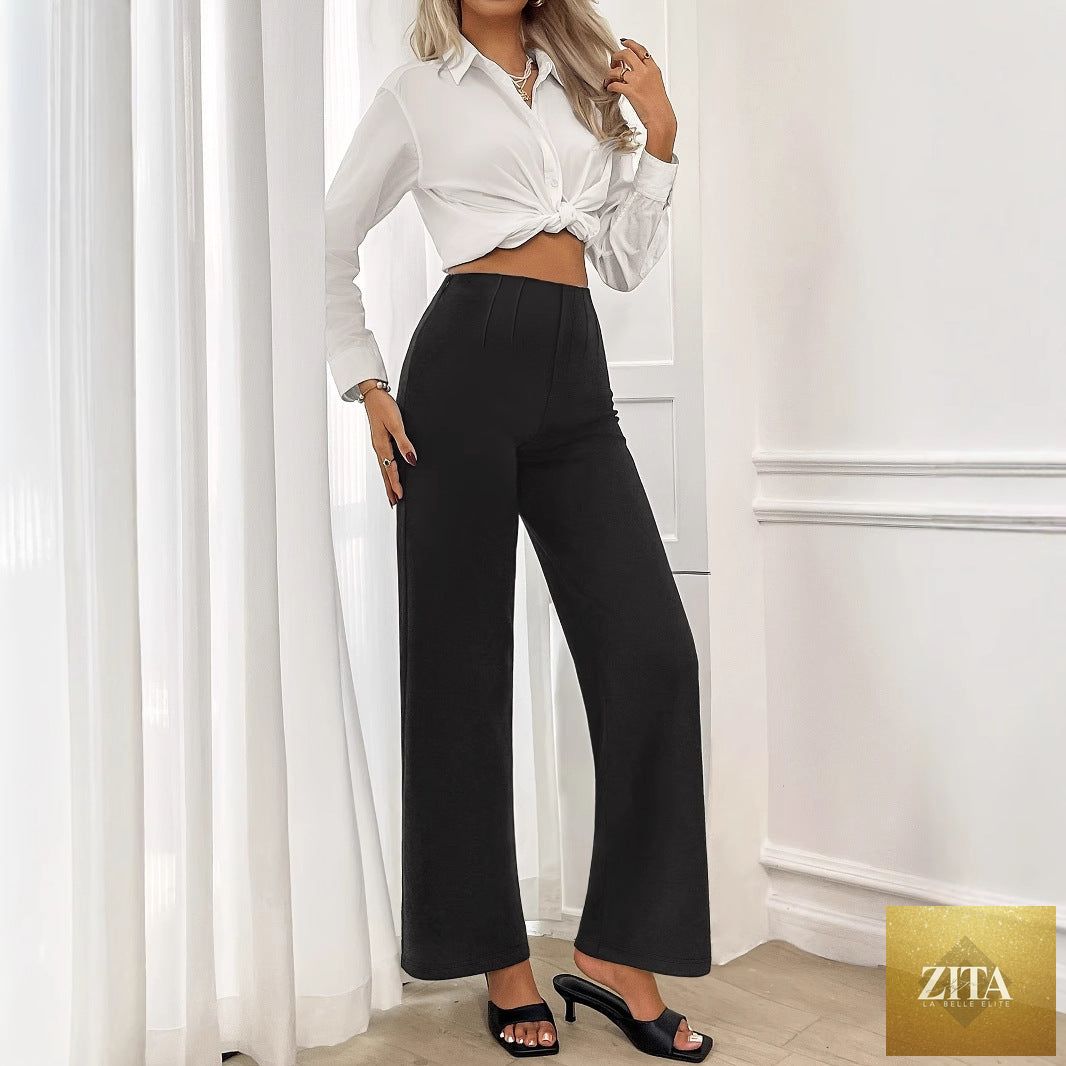 Bella Mia women's office stretch trousers with high waist and wide-leg design, suitable for professional workwear.