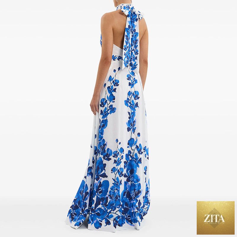Bella Mia star-printed halter maxi dress for spring and summer, perfect for casual vacations and warm-weather outings.