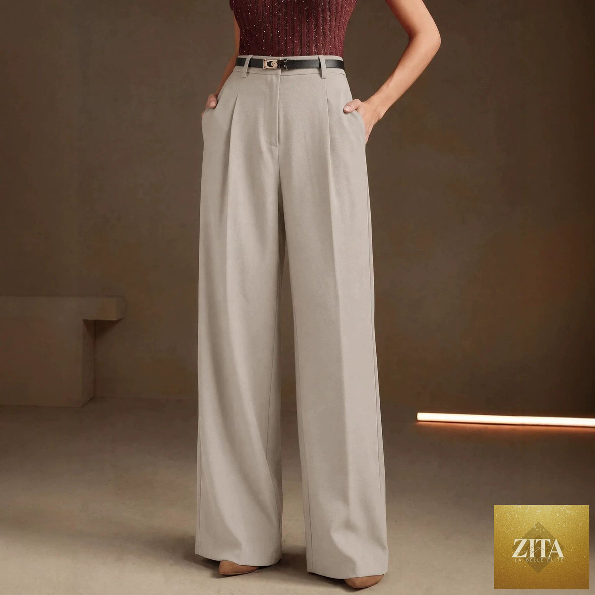 Bella Mia women's high-waist wide-leg casual work pants with a relaxed fit and slim silhouette, suitable for summer office wear.