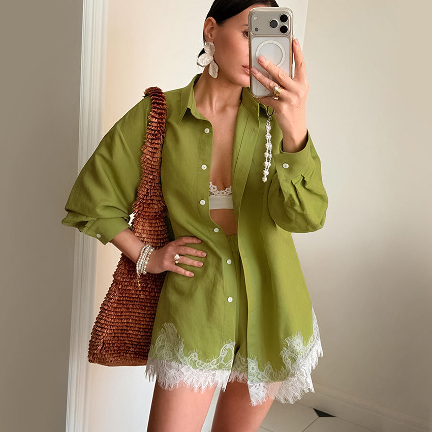 Retro design women's long sleeve collared lace stitching shirt and shorts two-piece set by Bella Mia, casual and stylish.