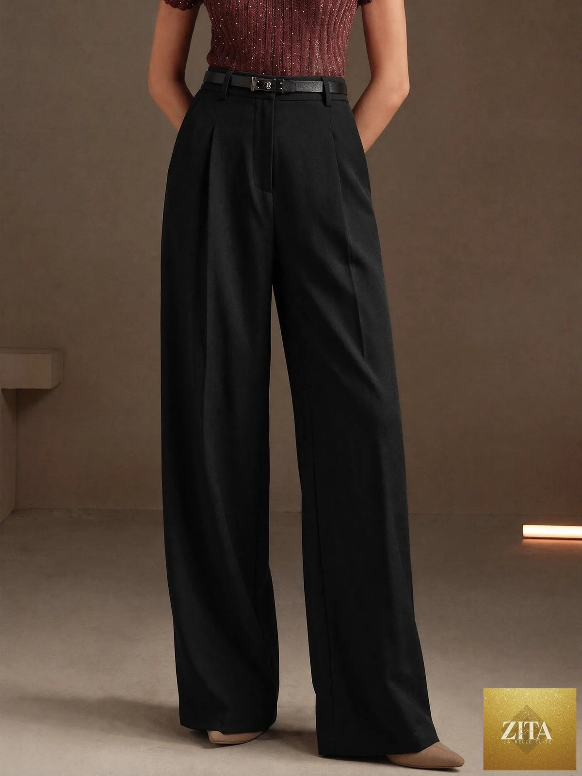 Bella Mia women's high waist summer office wide-leg casual pants with a slimming fit and relaxed fit, no belt, in a classic old money style