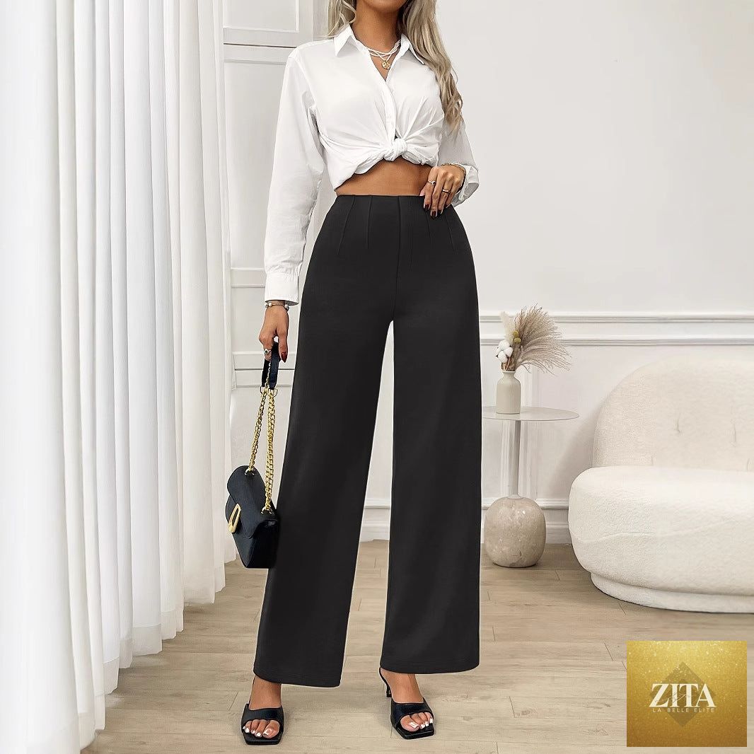 Bella Mia women's office trousers with stretch, high waist, wide leg, and straight fit, suitable for professional work attire.