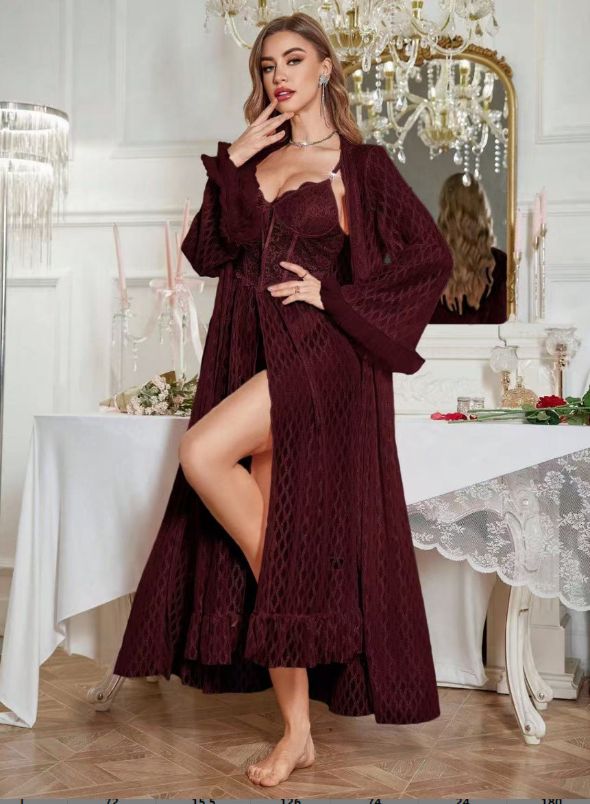 Elegant black lace slip nightdress by Bella Mia featuring a slit, casual lingerie style, perfect for relaxed, sexy evening wear.