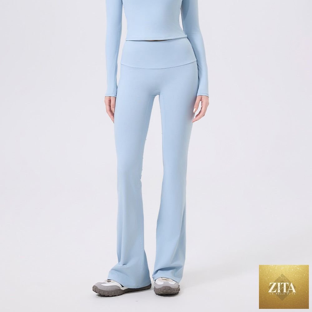Low waist wide brimmed bell bottom yoga pants for women, slimming skinny workout trousers with a stylish hipp lifting fit.