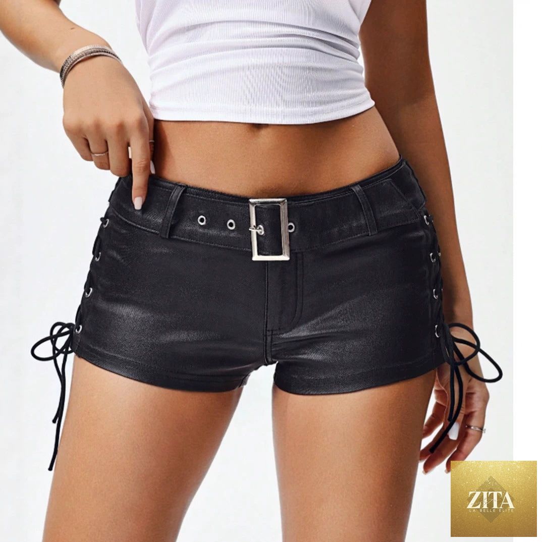 Women’s leather low-waisted shorts with lace-up belt detail, stylish Bella Mia shorts for a sexy, trendy look.