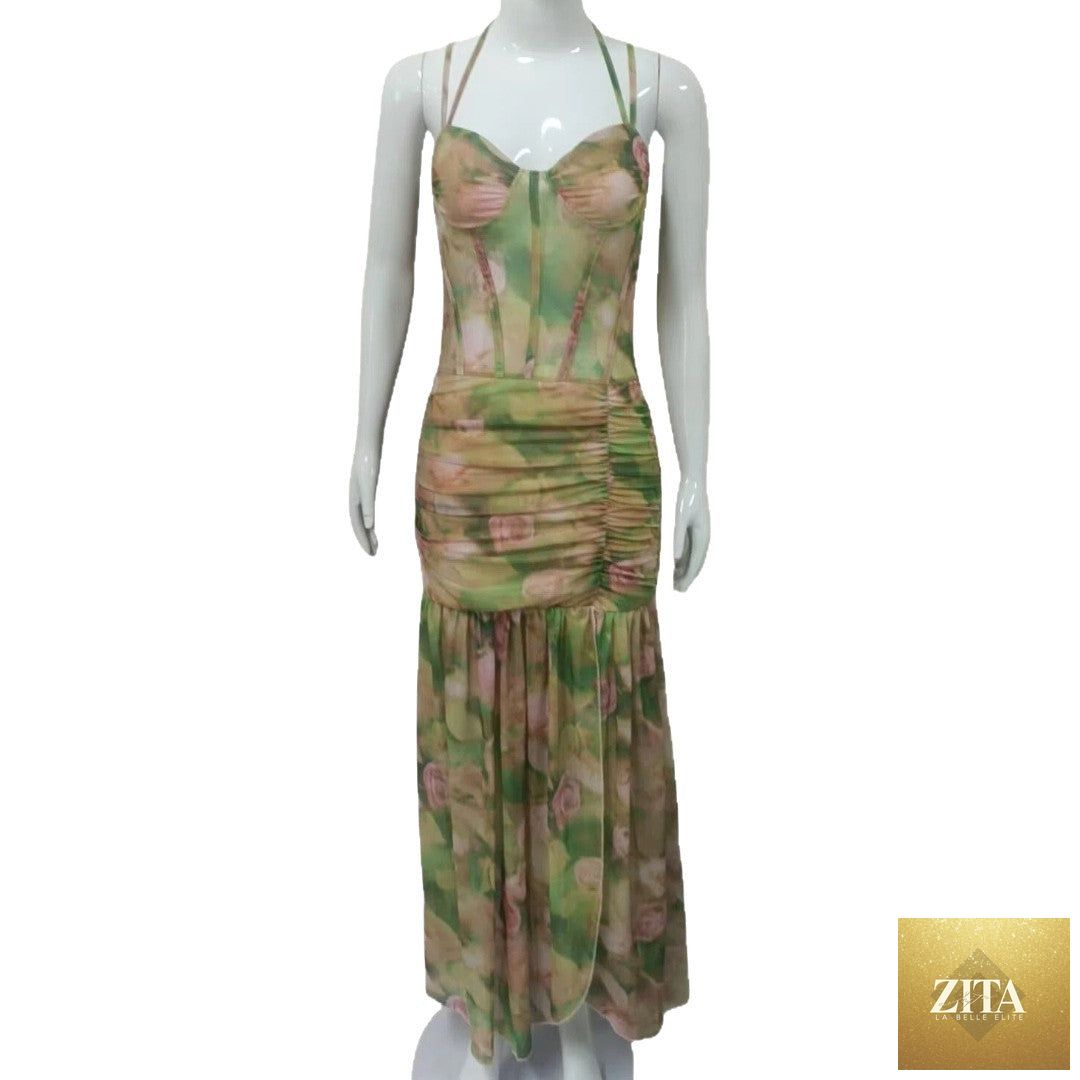 Women's Summer Sexy Spaghetti Strap Printed Vacation Beach High Waist Slimming Slit Dress