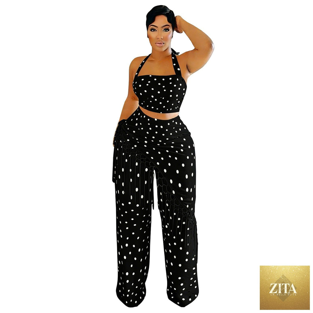 Women’s casual polka dot wide-leg pants set with tassel details, featuring lightweight, comfortable bottoms by Bella Mia.
