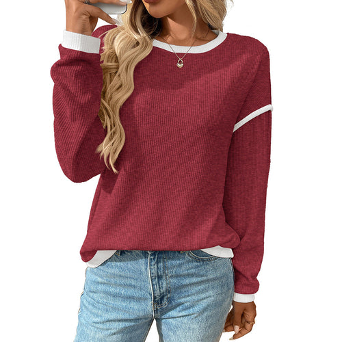 Autumn Winter Women Clothing round Neck Imitation Sweater Long Sleeve Crimson Medea