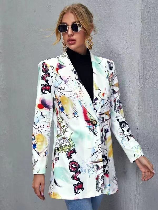 Printed slim fit mid-length jacket by nowadaysfashion, featuring a stylish printed design and tailored fit for a modern look.