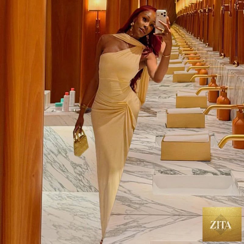All Matching Graceful Women Pleated Slim Fit Sheath Dress Diagonal Collar Sleeveless Solid Color Dress