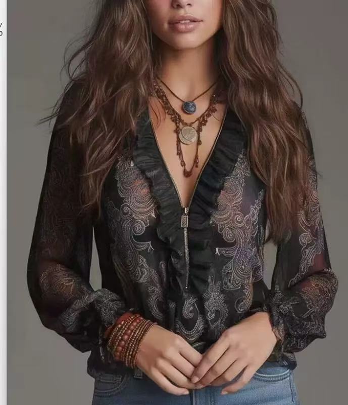 Romantic Boh deep V plunge neck chiffon shirt with paisley ruffles, featuring a flowy, stylish design in soft fabric.