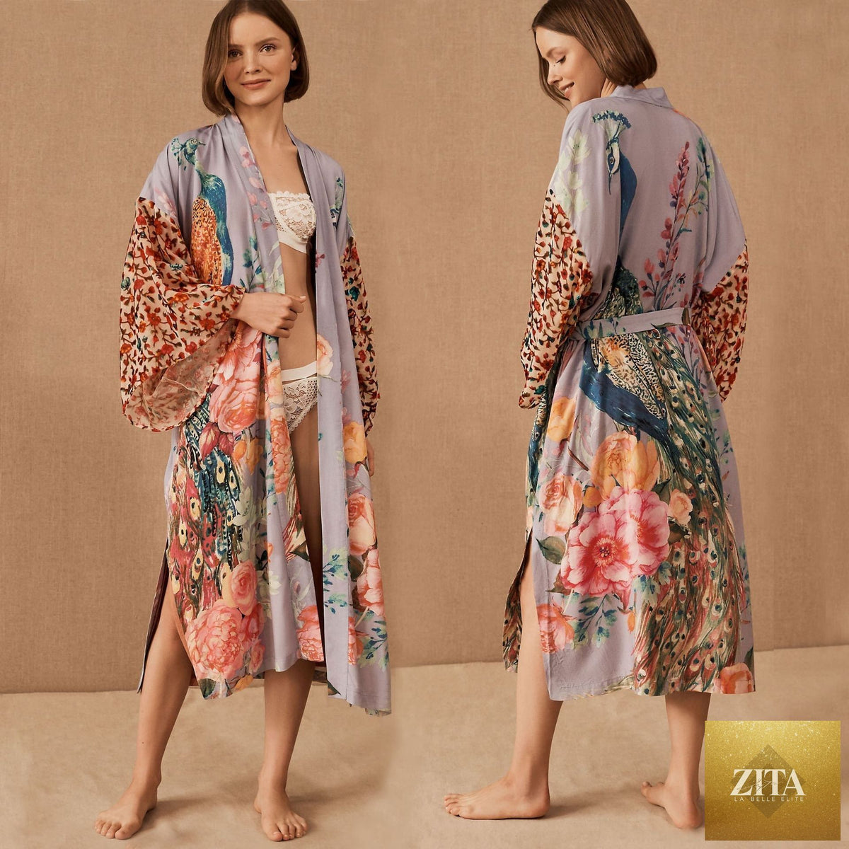 Bella Mia peacock printed sunscreen cardigan, seaside vacation beach cover-up, lightweight swimwear for women with colorful peacock design.