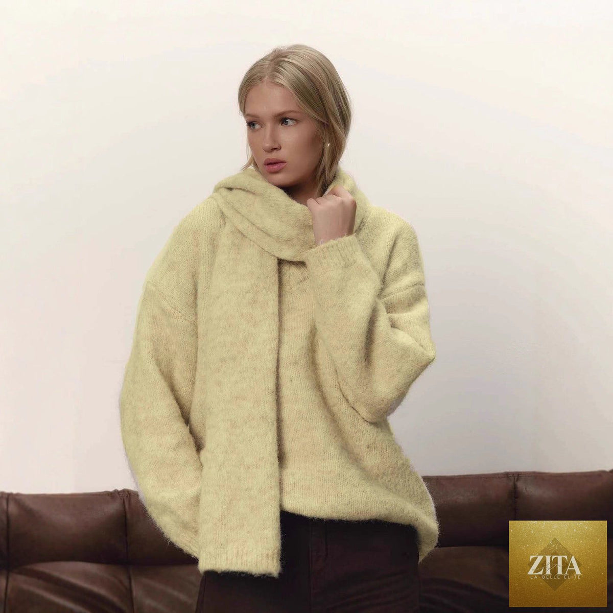 Loose Lazy Soft Wool Sweater Women Autumn Winter Pullover Loose Sweater Scarf Set