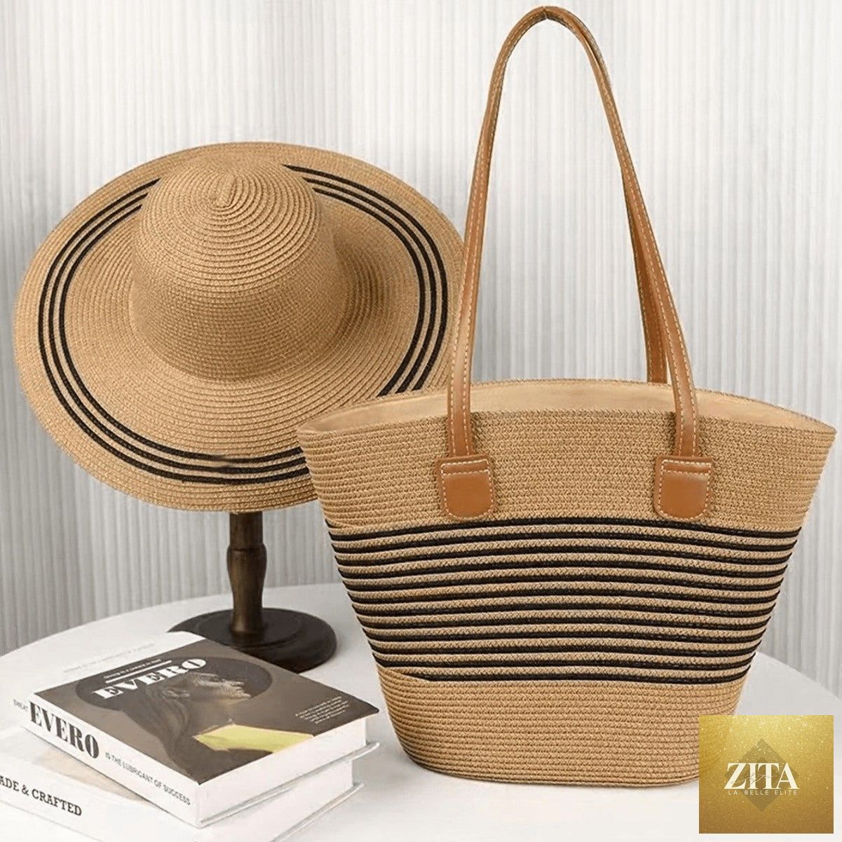 Straw Hat & Tote Set – Beach Vacation Sun Protection Duo, Large Capacity Travel Tote