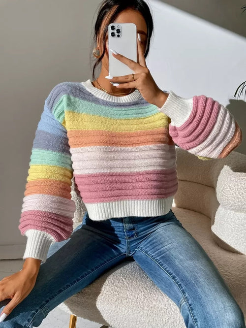 Autumn Winter Elegant Elegant Spliced Sweater Rainbow Striped Lantern Crimson Medea