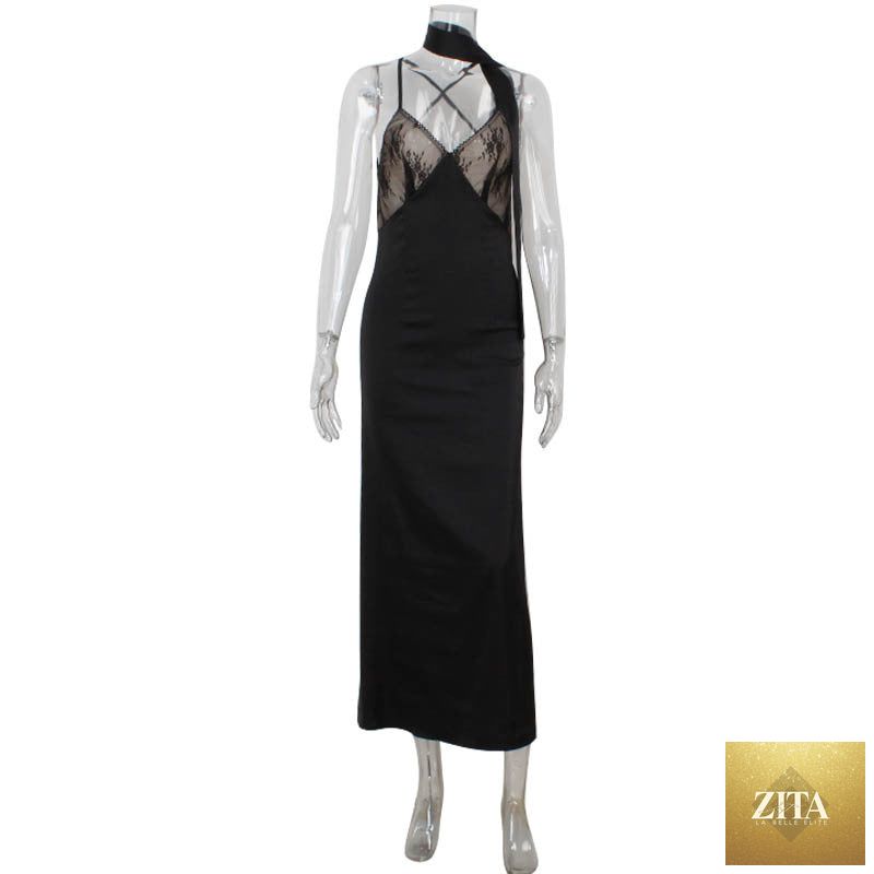 Sexy Lace Stitching Seductive V neck Backless Dinner Sling Dress Dress with Scarf
