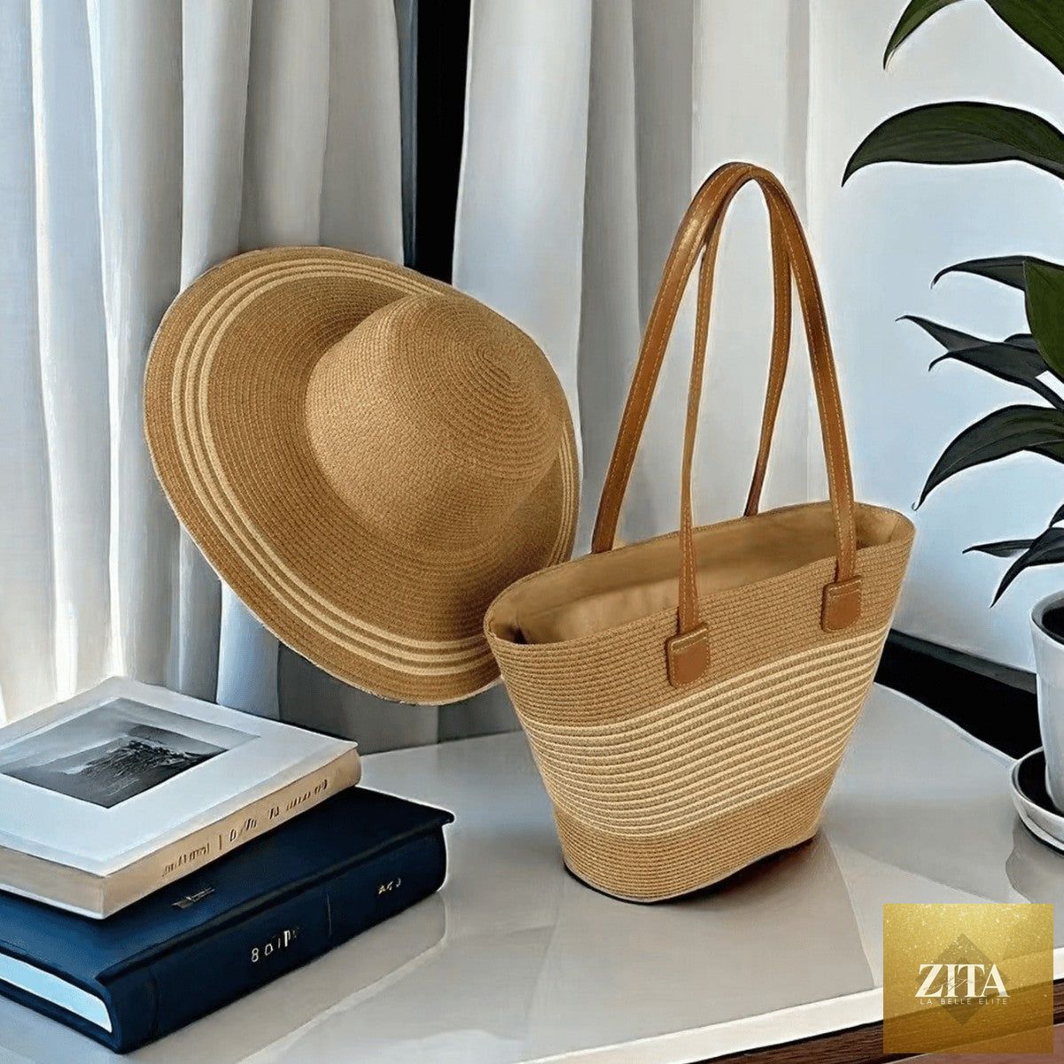Straw Hat & Tote Set – Beach Vacation Sun Protection Duo, Large Capacity Travel Tote