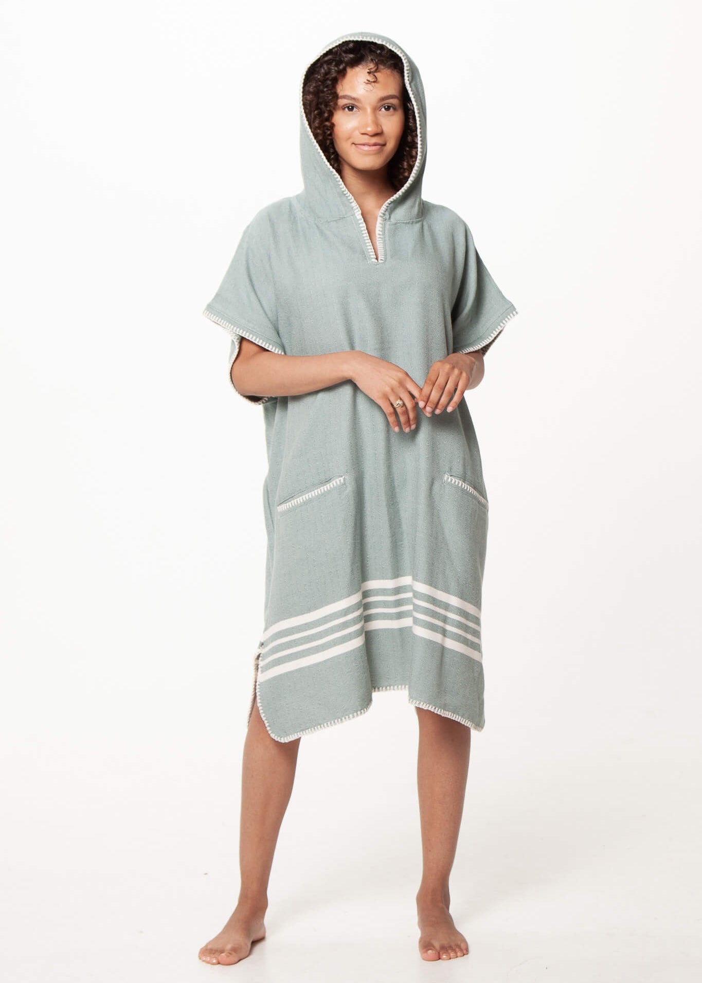 Buldano almond green beach cover-up poncho with hood, lightweight and casual for seaside wear.