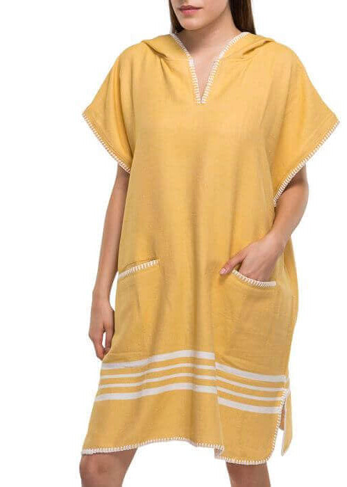 Yellow Buldano beach cover-up poncho with hood, lightweight and comfortable for beach or poolside wear.